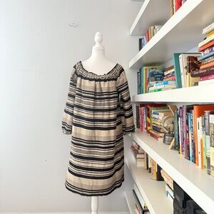 Ann Mashburn Gold and Black Boho Linen Striped Preppy Mini Dress Size Large